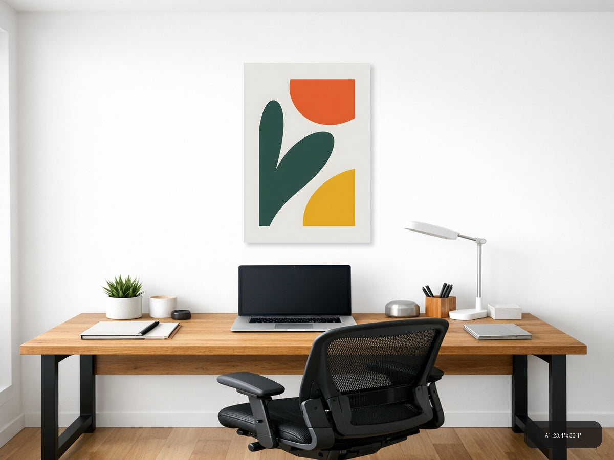 Minimalist Abstract Shapes in Teal, Orange & Yellow Wall Art — A1 / Office