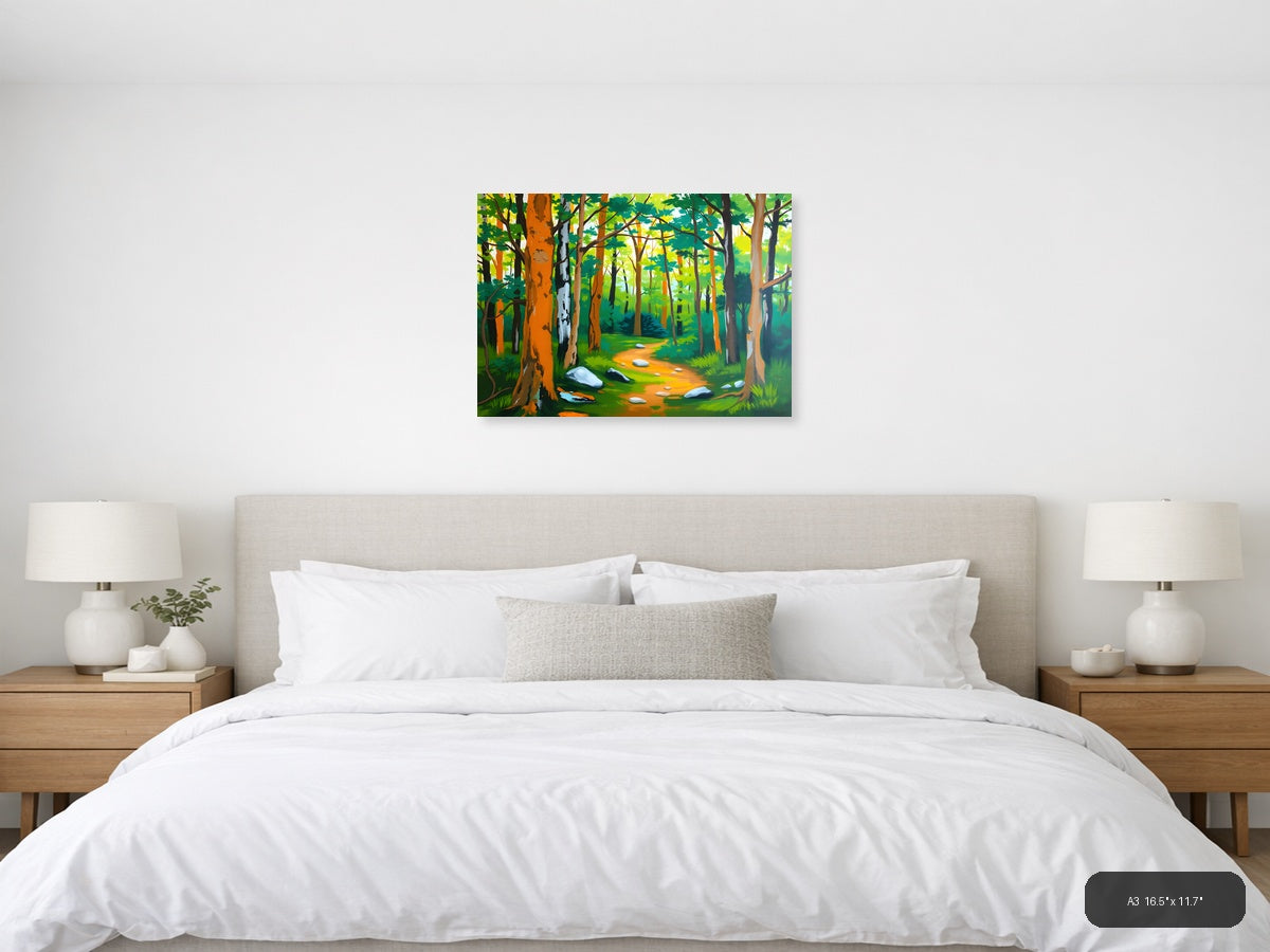 Forest Path Abstract - Vibrant Trees & Stones Wall Art — A3 / Bedroom