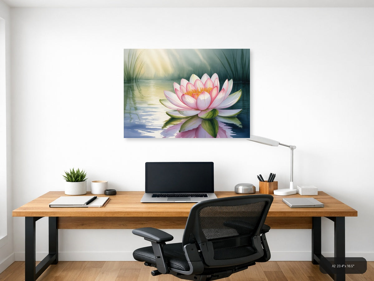 Pink Water Lily Watercolor Landscape Wall Art — A2 / Office