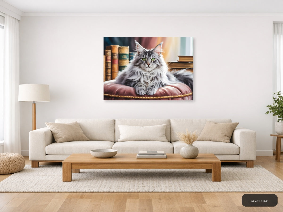 Majestic Long-Haired Cat Library Watercolor Wall Art — A2 / Living Room