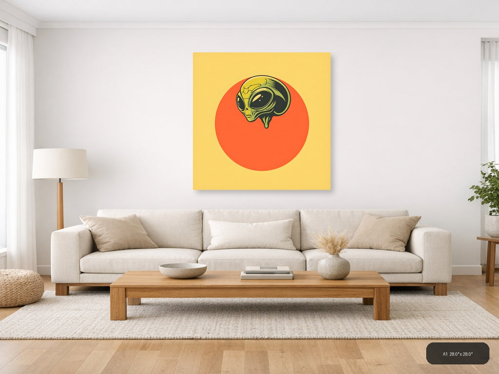 Vintage Alien Head on Red Sun Wall Art — A1 / Living Room