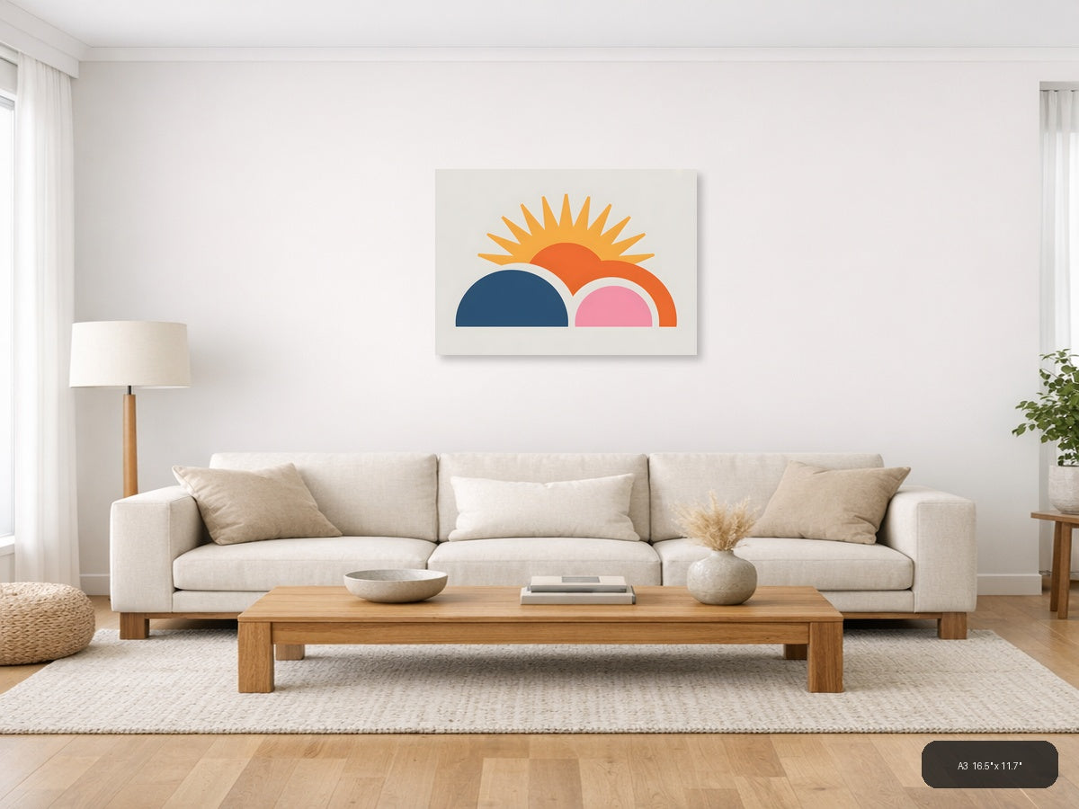 Minimalist Sunrise with Layered Semicircles Wall Art — A3 / Living Room