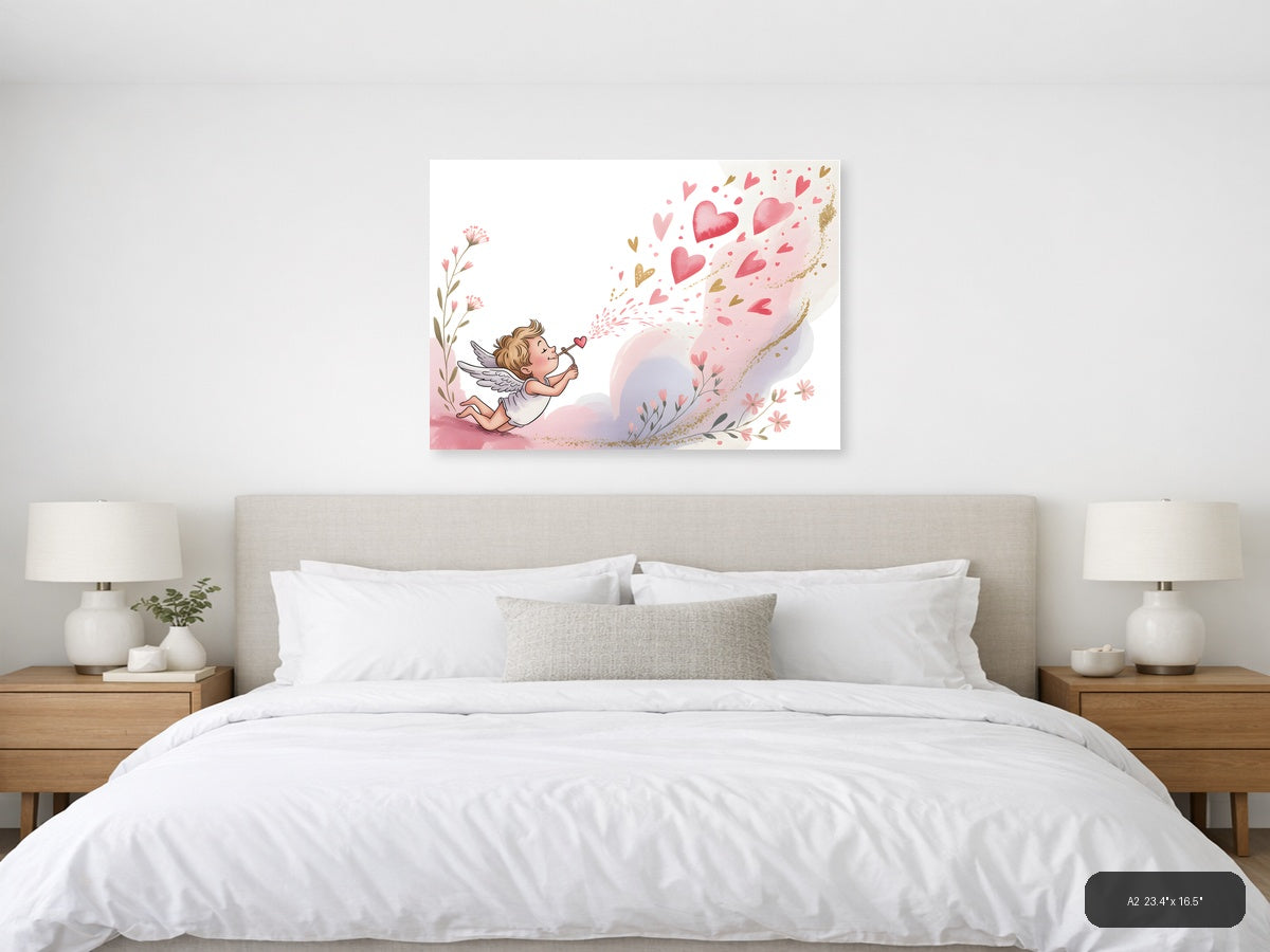 Cupid Blowing Hearts Watercolor Landscape Wall Art — A2 / Bedroom