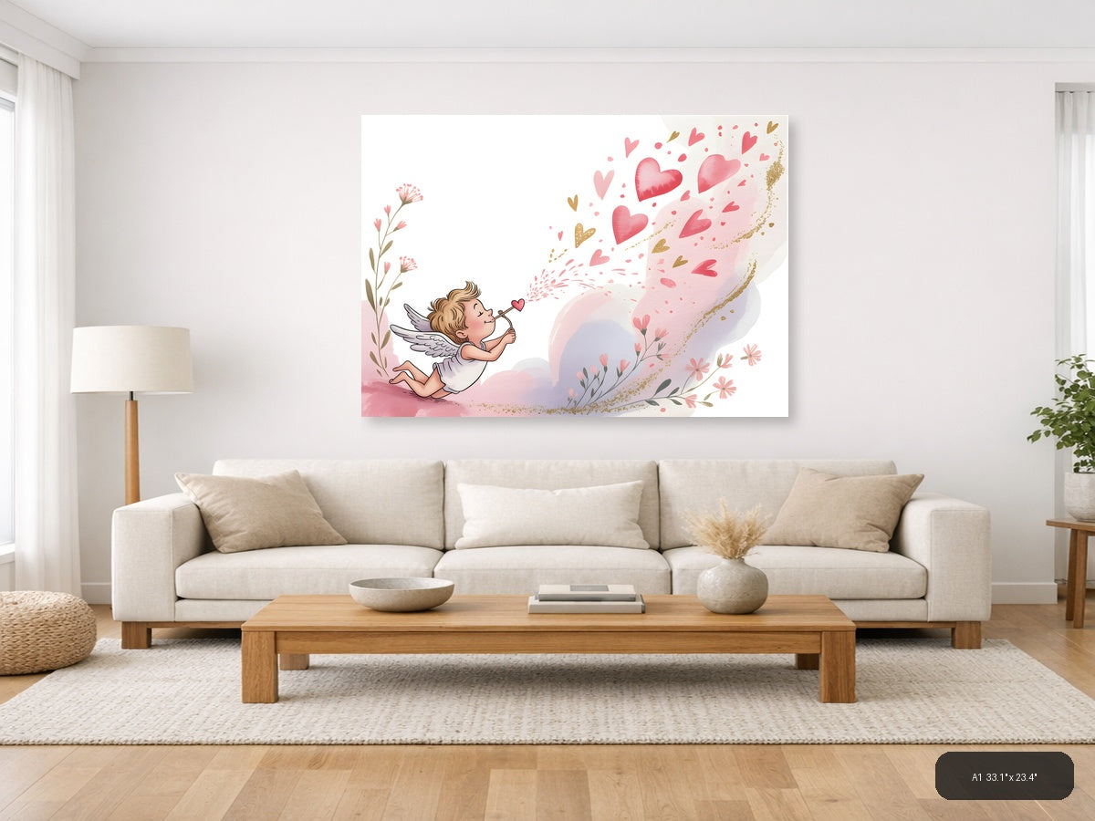 Cupid Blowing Hearts Watercolor Landscape Wall Art — A1 / Living Room
