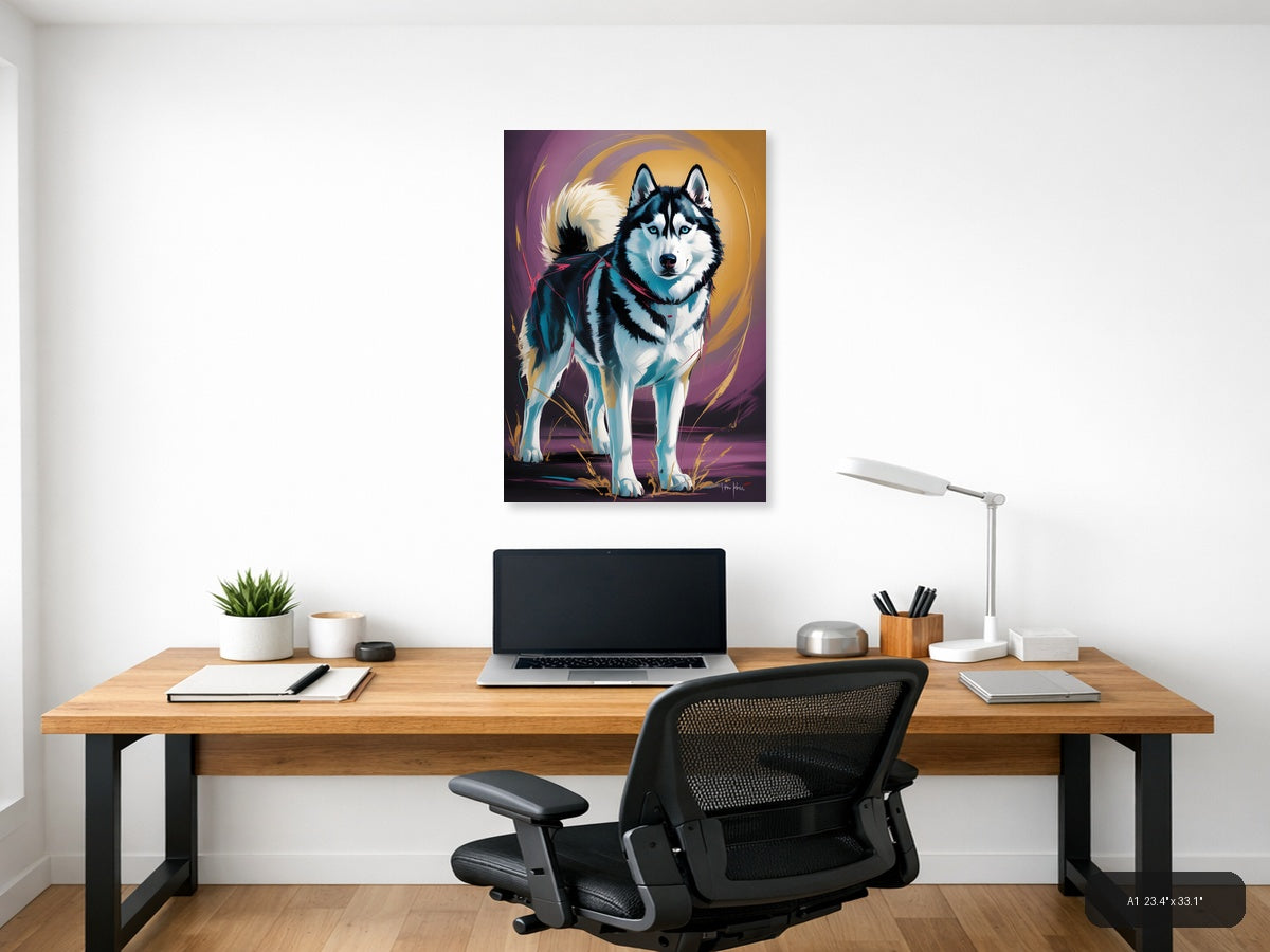 Abstract Husky Portrait with Vibrant Blue & Gold Wall Art — A1 / Office
