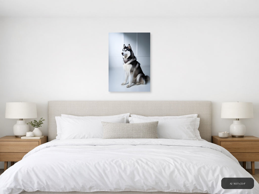 Black and White Husky Portrait Minimalist Wall Art — A2 / Bedroom