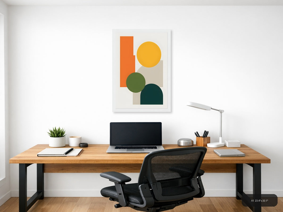 Minimalist Geometric Shapes in Orange, Yellow & Teal Wall Art — A1 / Office