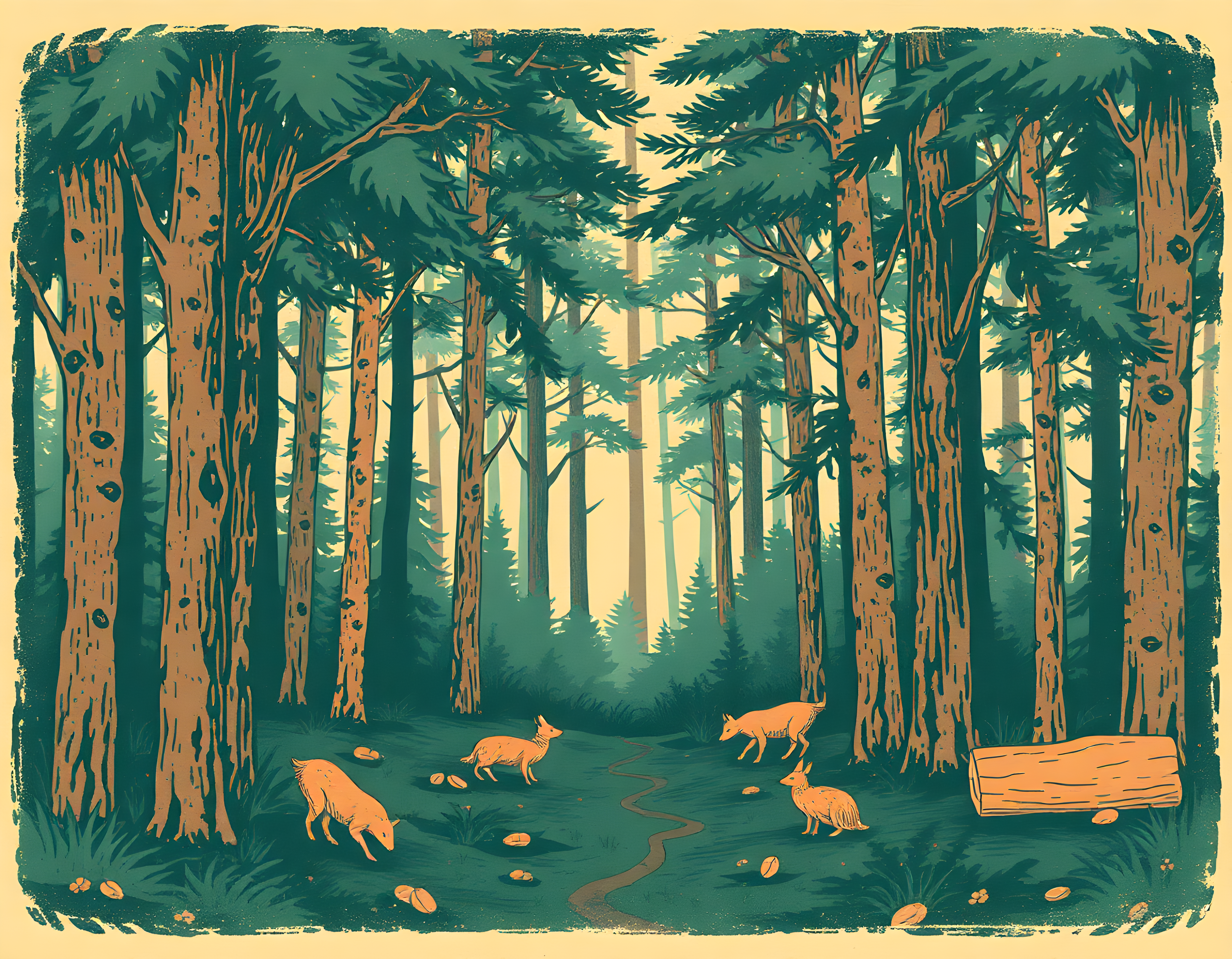 Vintage Forest Scene with Deer - Landscape Wall Art