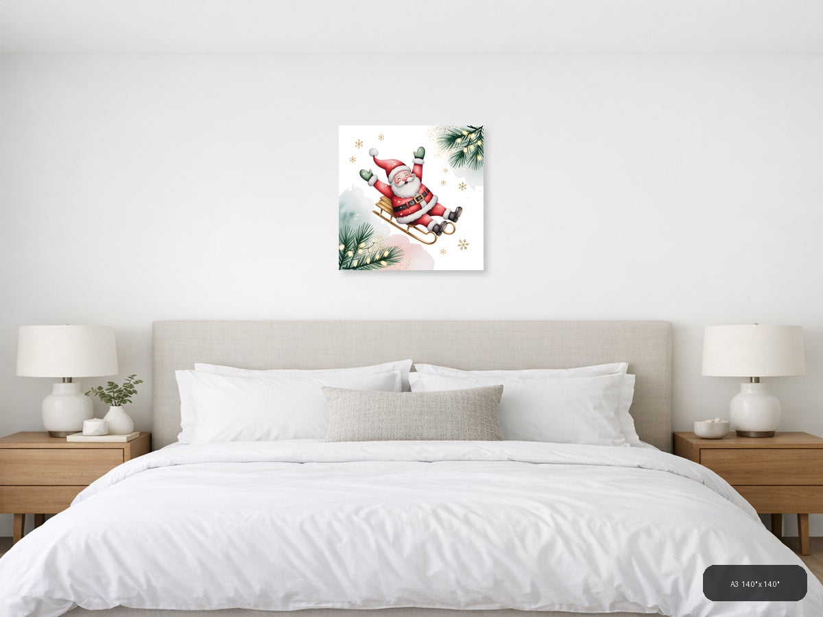 Jolly Santa on Sleigh Watercolor Wall Art — A3 / Bedroom