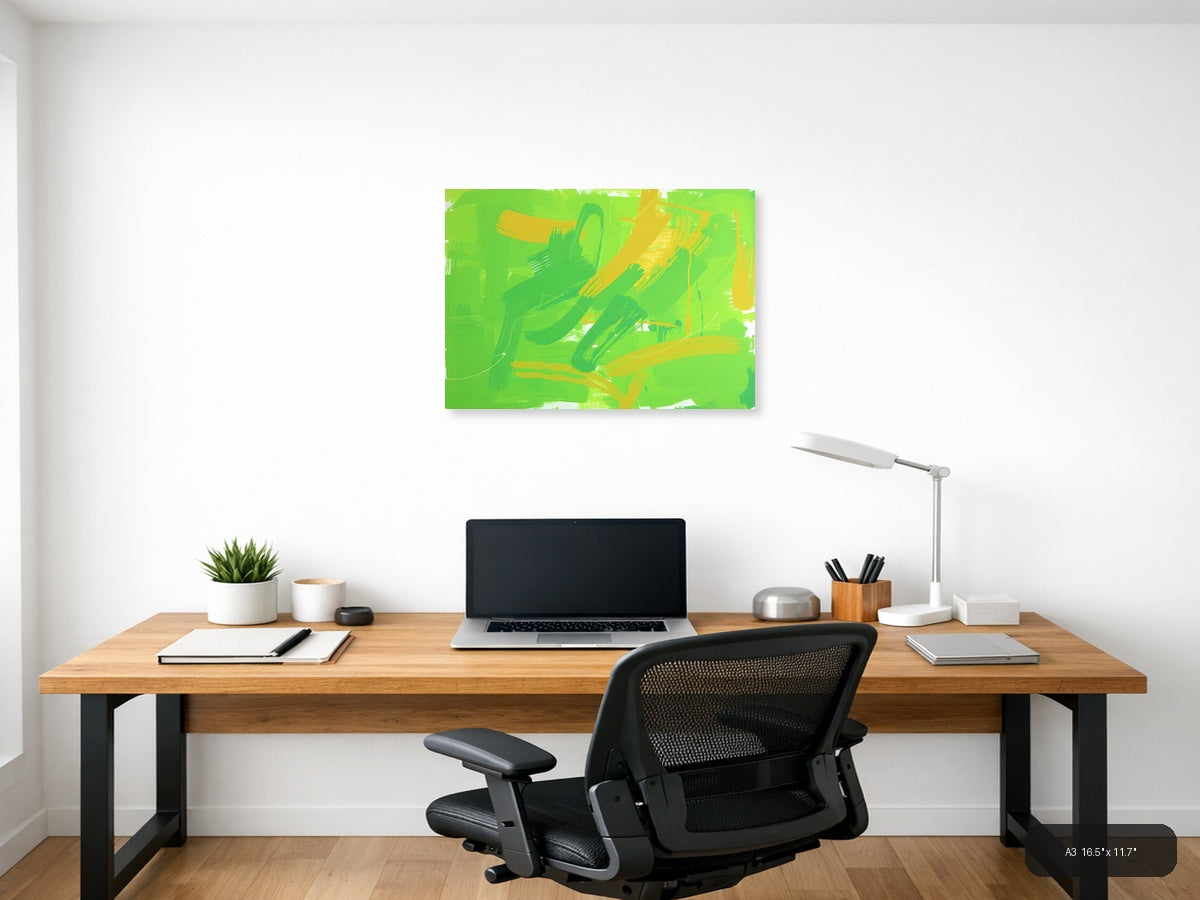 Green and Yellow Abstract Brushstrokes Wall Art — A3 / Office