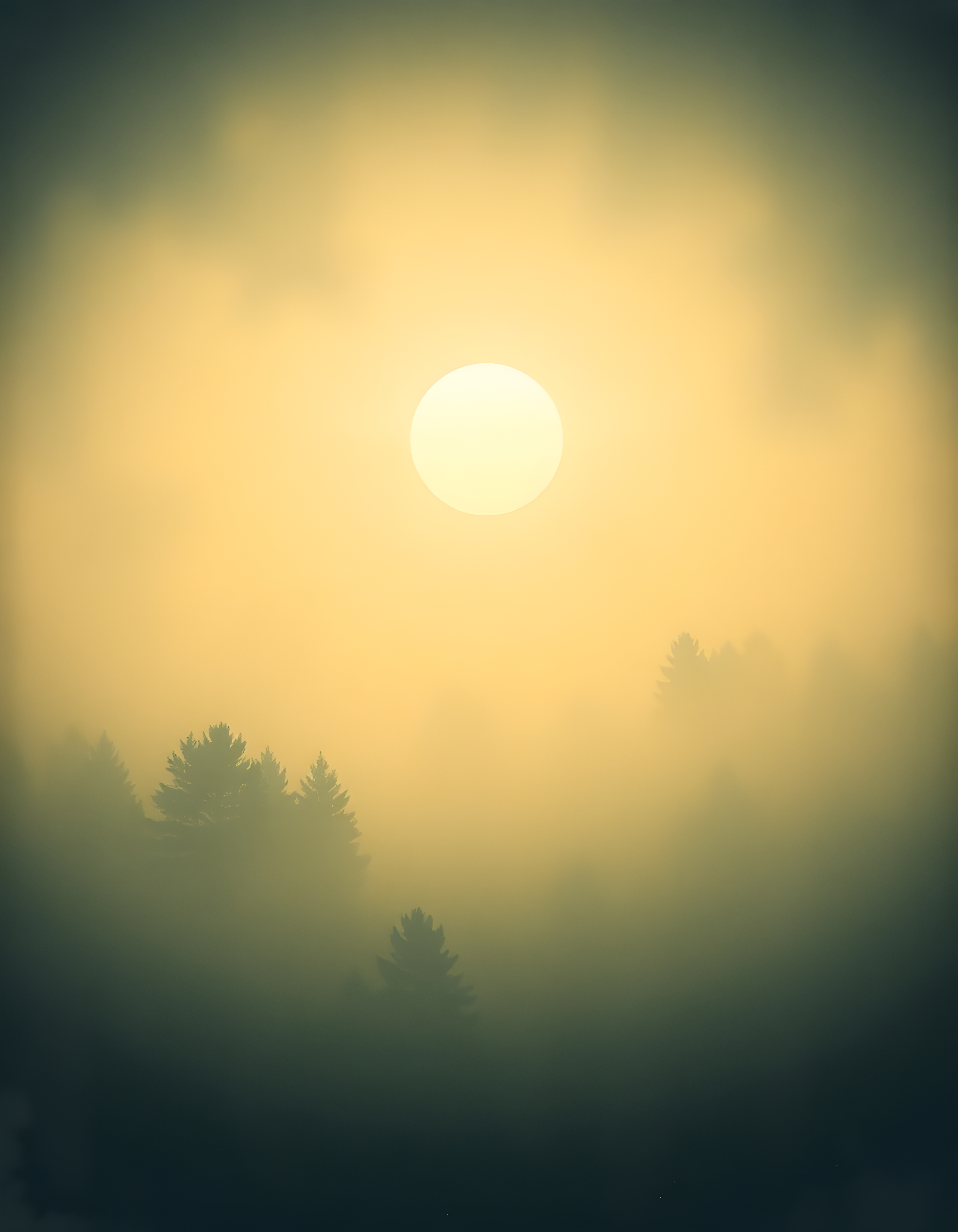 Misty Forest Sunrise with Sun - Vintage Wall Art
