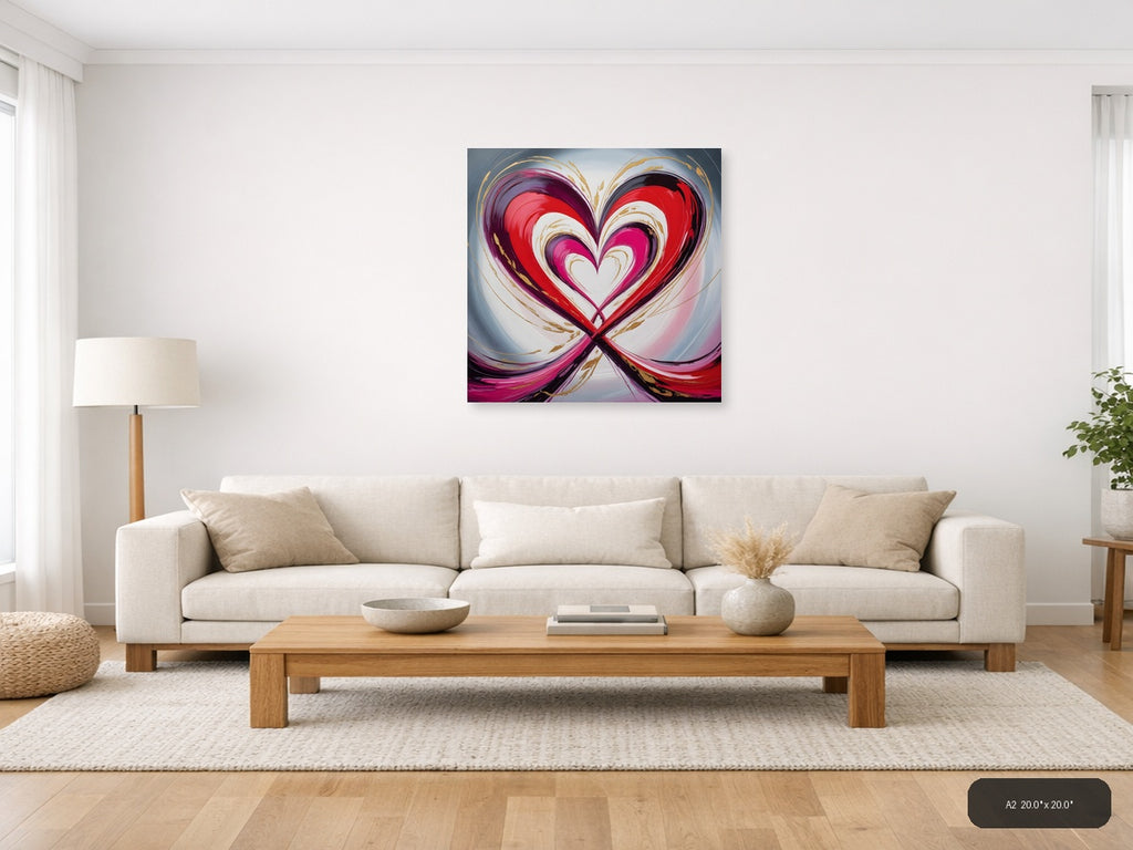 Abstract Nested Heart Swirl Red Pink Gold Wall Art — A2 / Living Room