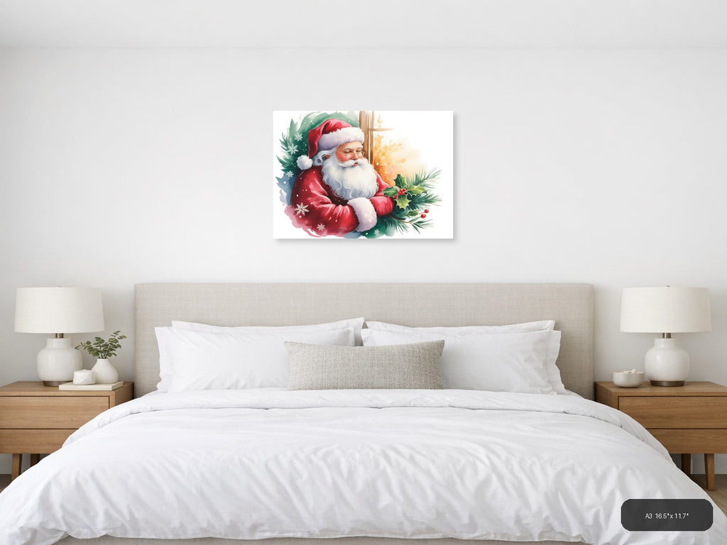 Santa Claus with Holly & Snowflakes Watercolor Wall Art — A3 / Bedroom