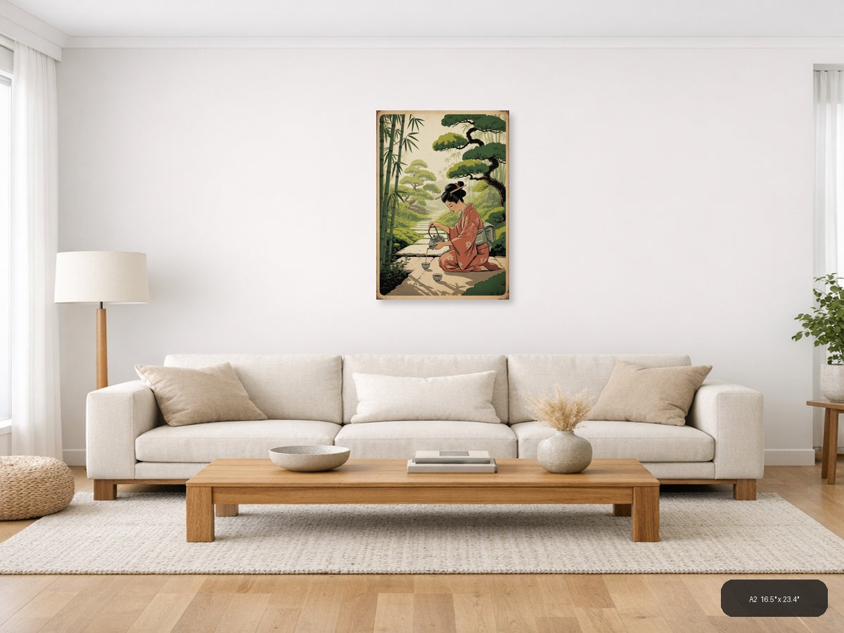 Vintage Asian Woman Pouring Tea in Garden Wall Art — A2 / Living Room