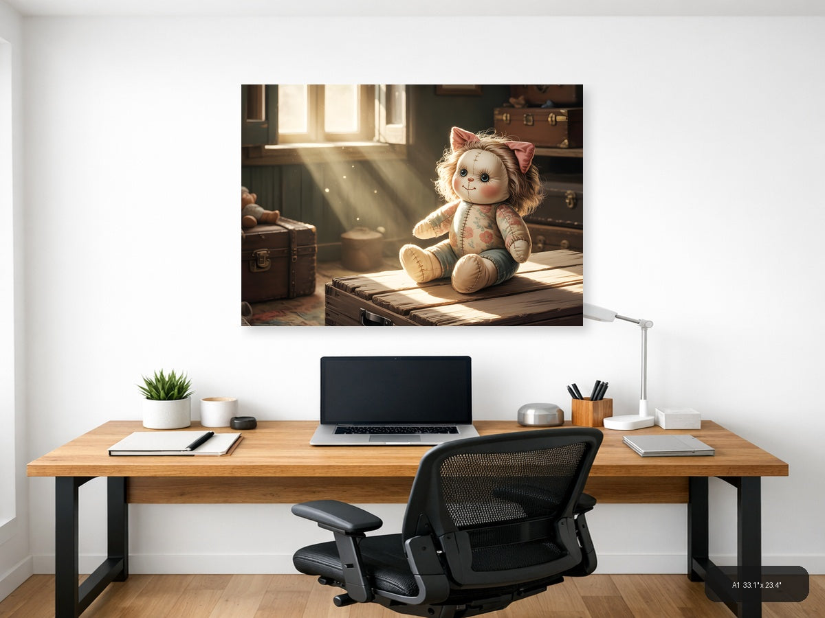 Vintage Stitched Doll in Sunlit Room Wall Art — A1 / Office