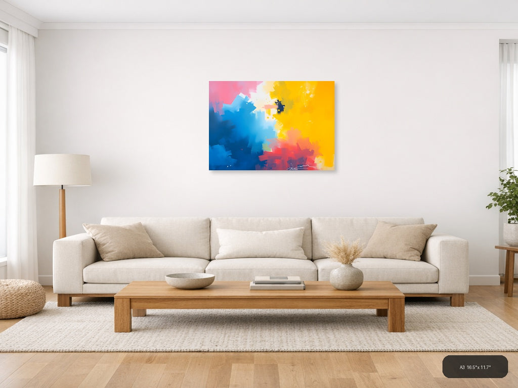 Blue Yellow Red Abstract Brushstrokes Modern Wall Art — A3 / Living Room