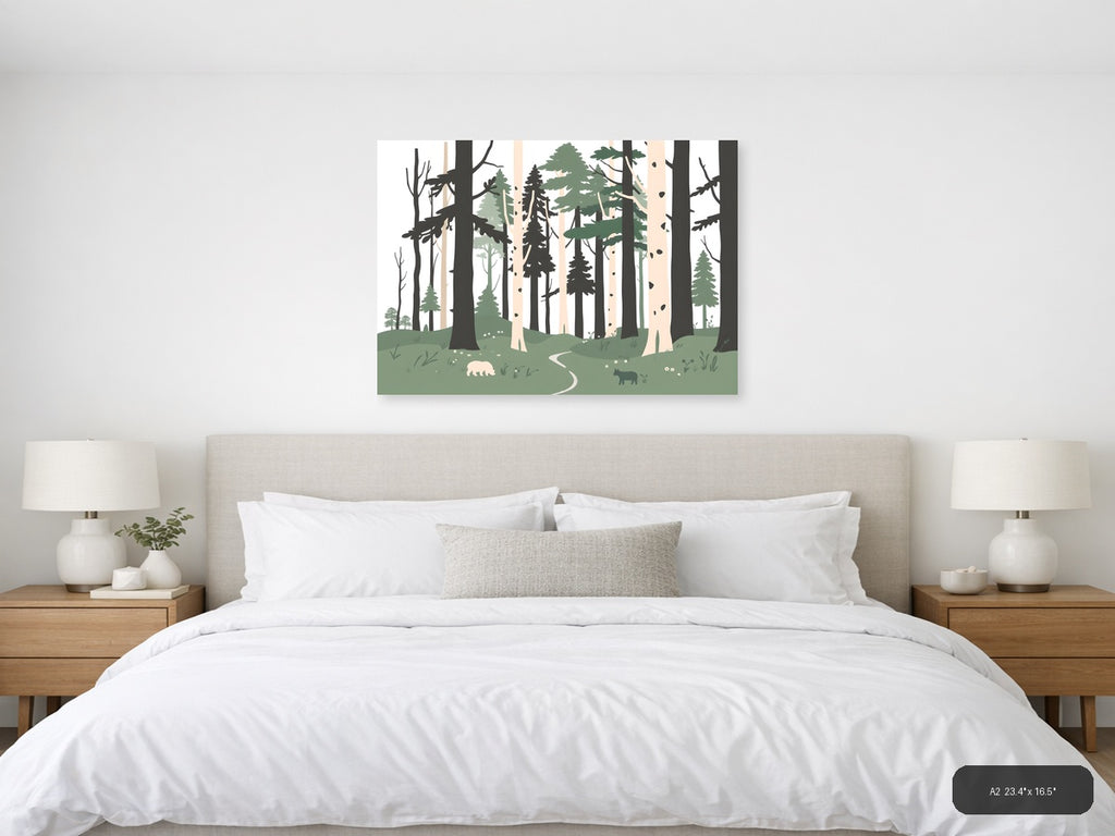 Minimalist Forest Path with Wildlife Wall Art — A2 / Bedroom