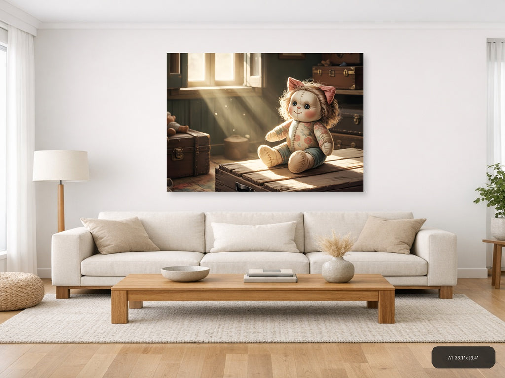 Vintage Stitched Doll in Sunlit Room Wall Art — A1 / Living Room