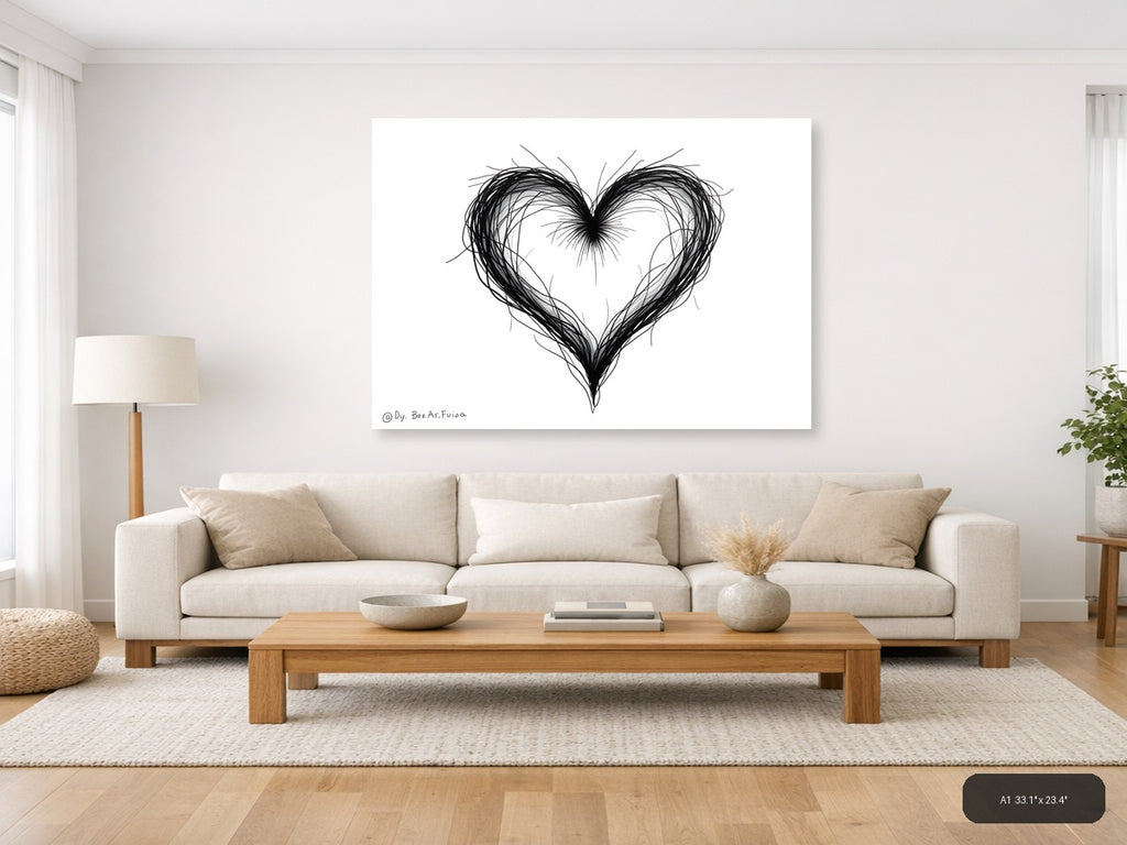 Abstract Heart Line Art Black and White Wall Art — A1 / Living Room