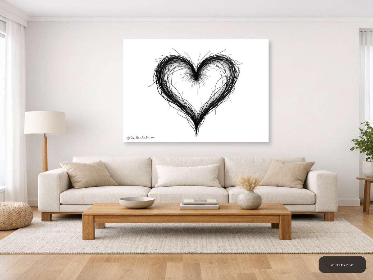 Abstract Heart Line Art Black and White Wall Art — A1 / Living Room