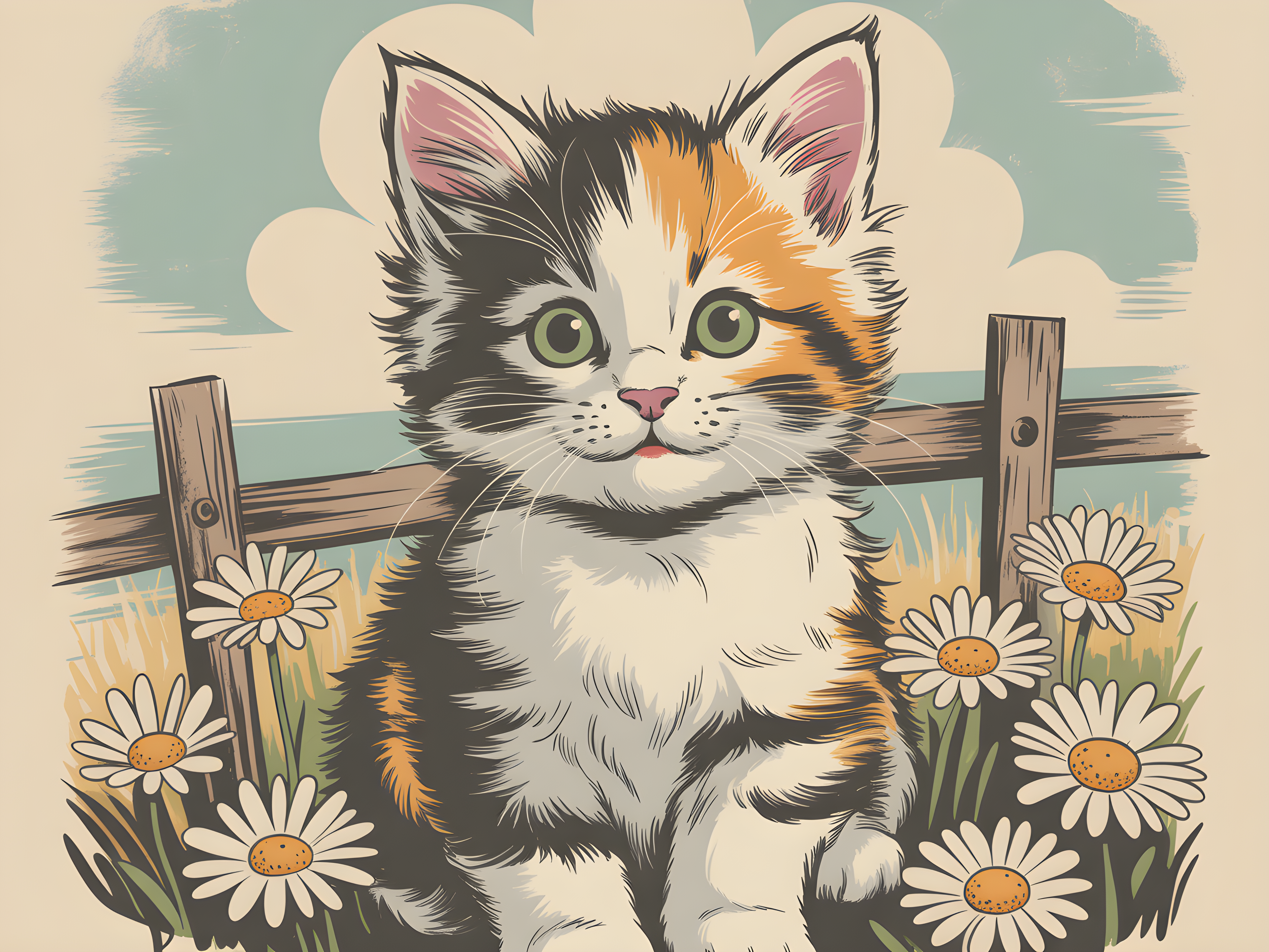 Calico Kitten with Daisies Vintage Wall Art