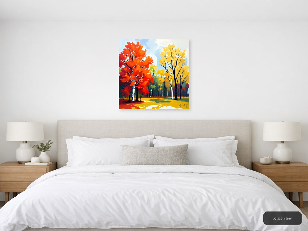 Abstract Autumn Forest with Red and Yellow Trees Wall Art — A2 / Bedroom