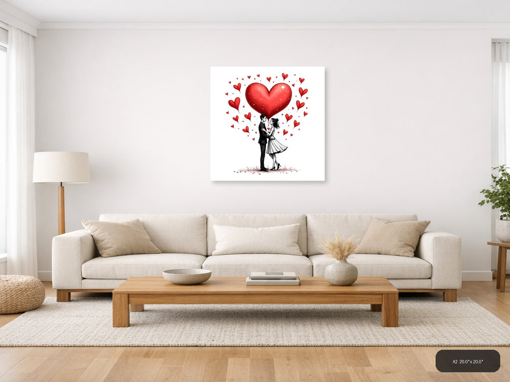 Couple in Love Line Art with Red Hearts Wall Art — A2 / Living Room