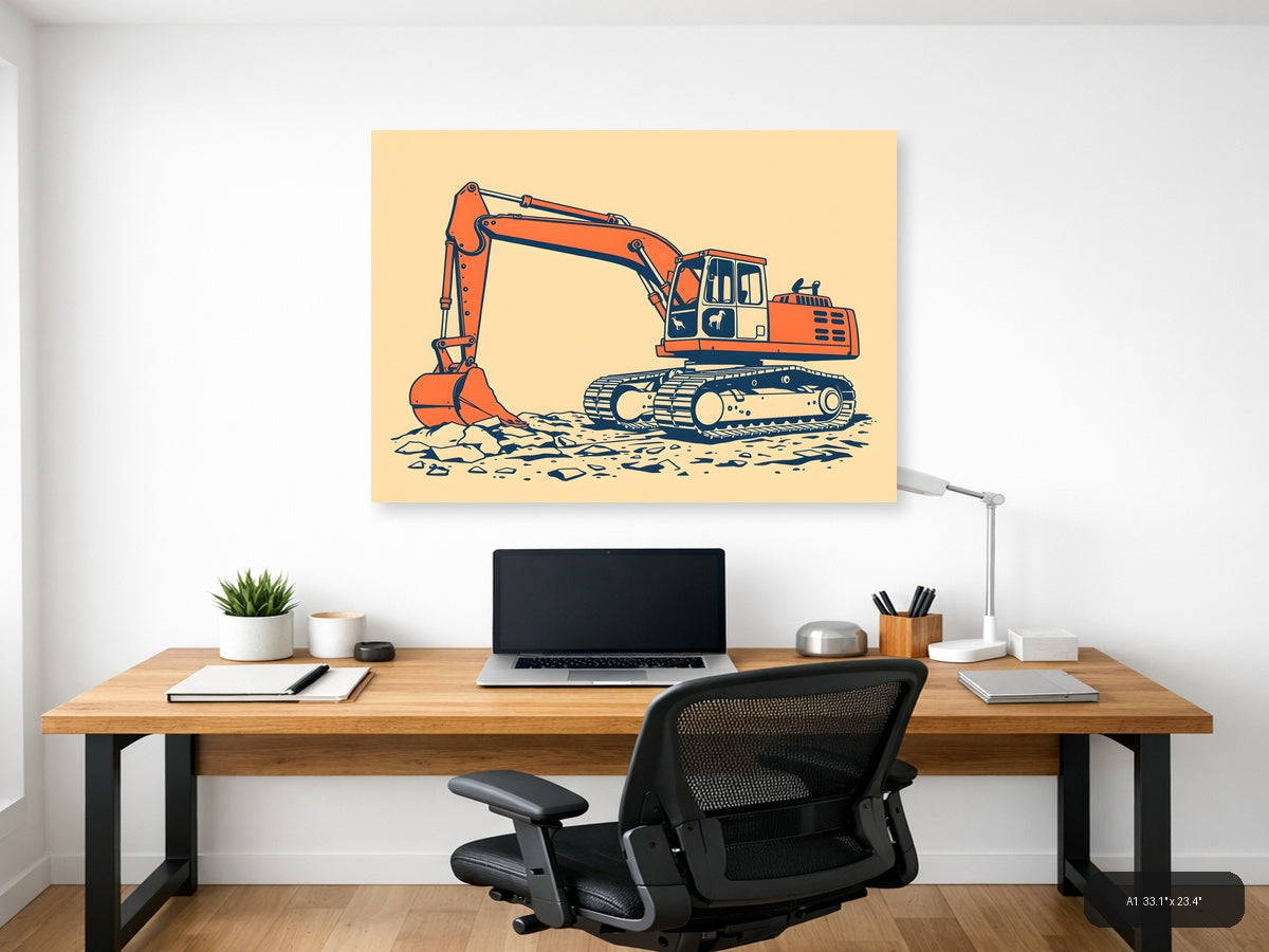 Vintage Orange Excavator Construction Wall Art — A1 / Office