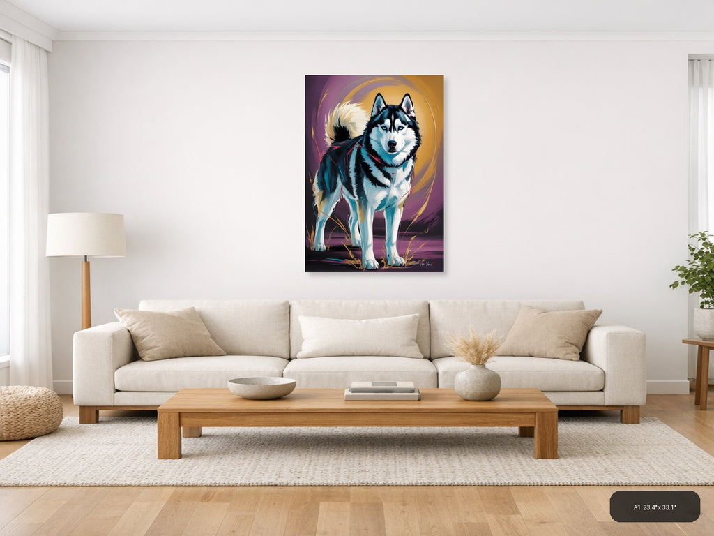 Abstract Husky Portrait with Vibrant Blue & Gold Wall Art — A1 / Living Room