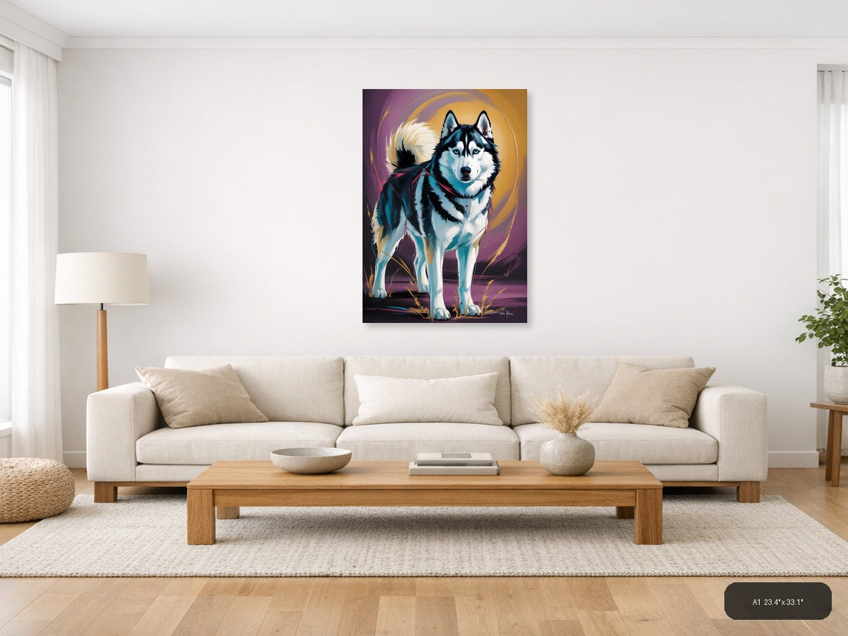 Abstract Husky Portrait with Vibrant Blue & Gold Wall Art — A1 / Living Room