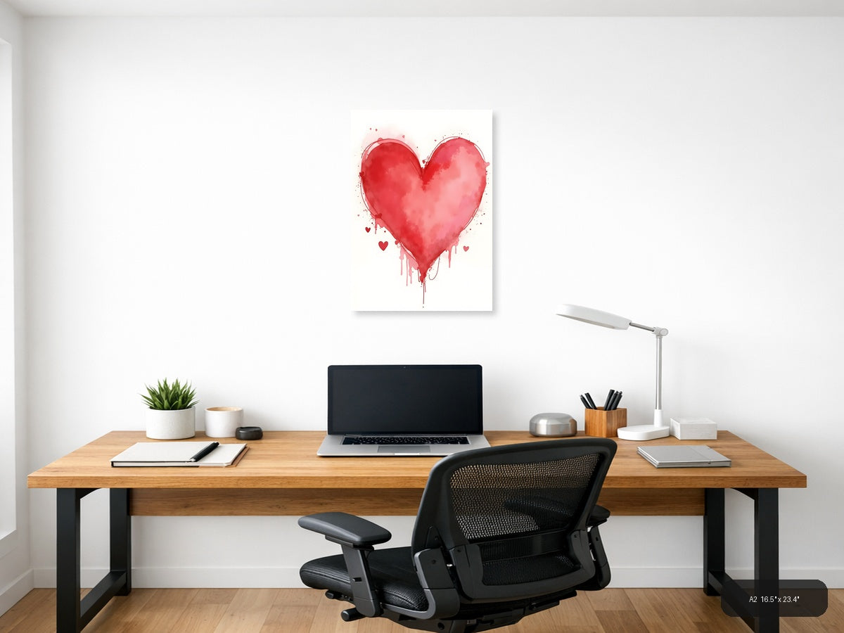 Red Watercolor Heart with Dripping Paint Wall Art — A2 / Office