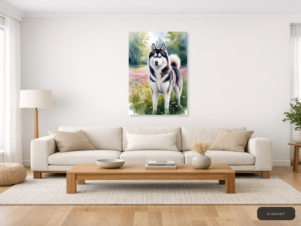 Husky Dog in Wildflower Meadow Watercolor Wall Art — A1 / Living Room