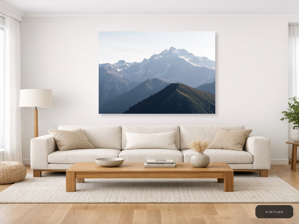 Solitary Hiker Mountain Peak Landscape | Minimalist Canvas Wall Art — A1 (Living Room)