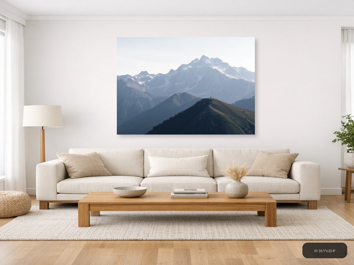 Solitary Hiker Mountain Peak Landscape | Minimalist Canvas Wall Art — A1 (Living Room)