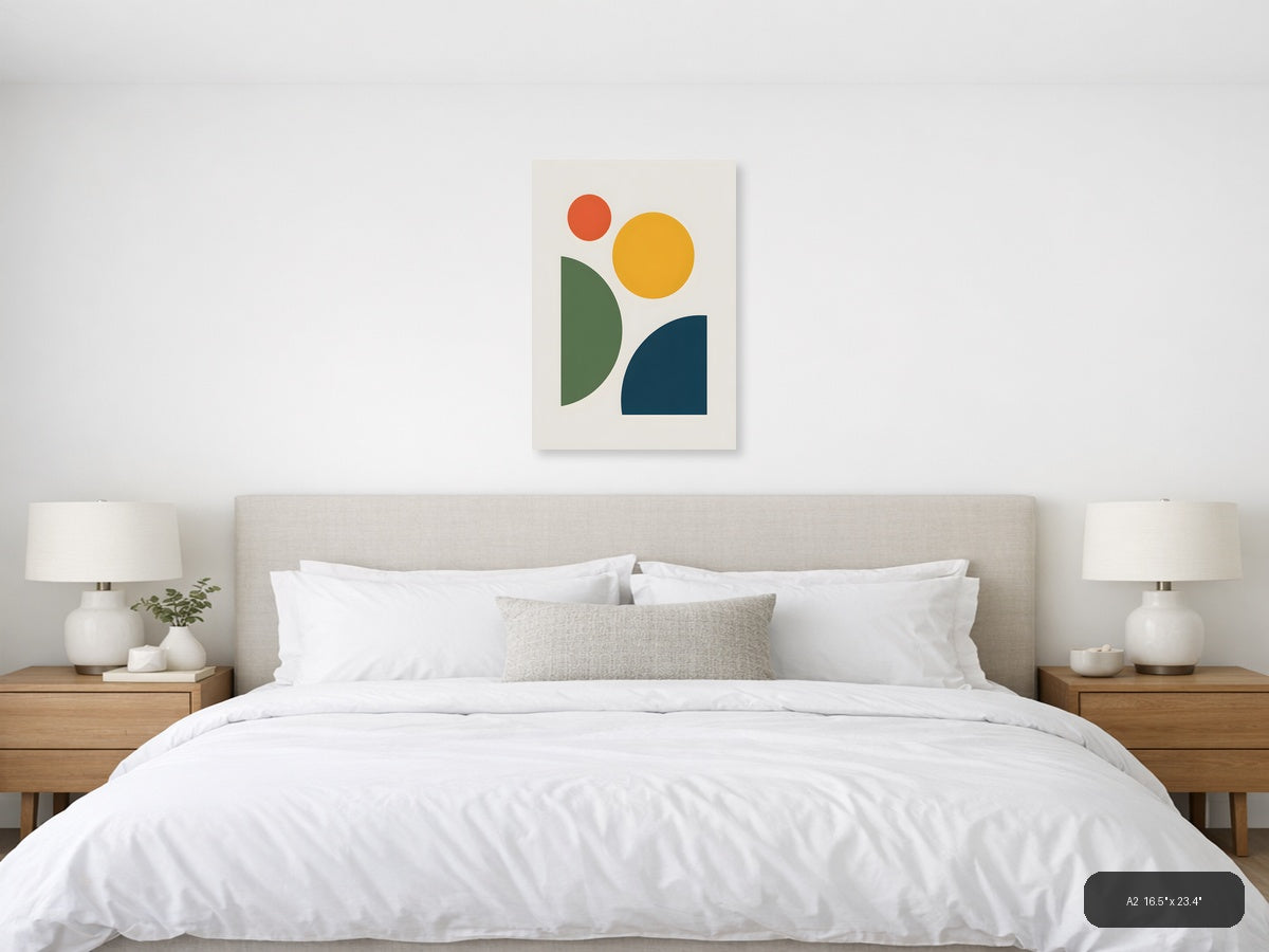 Minimalist Geometric Shapes in Green, Gold & Navy Wall Art — A2 / Bedroom