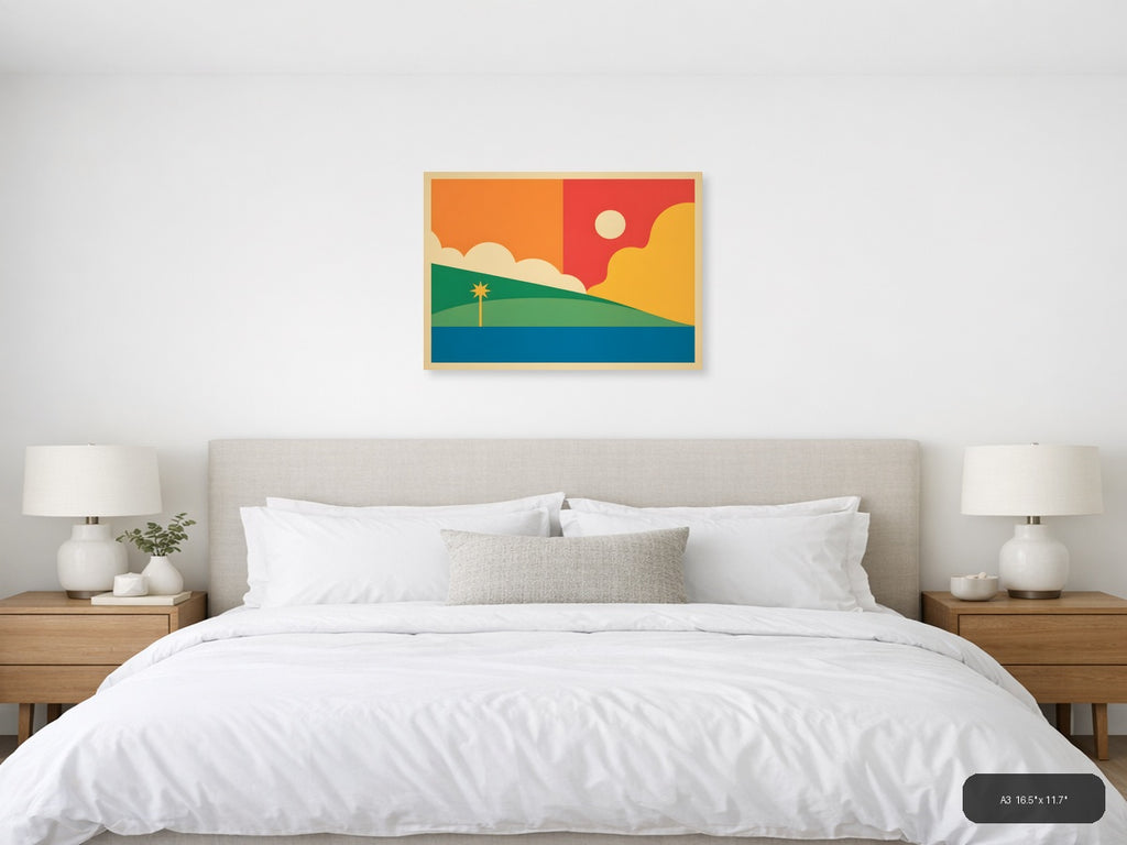 Vintage Sunset Landscape with Palm Tree Wall Art — A3 / Bedroom
