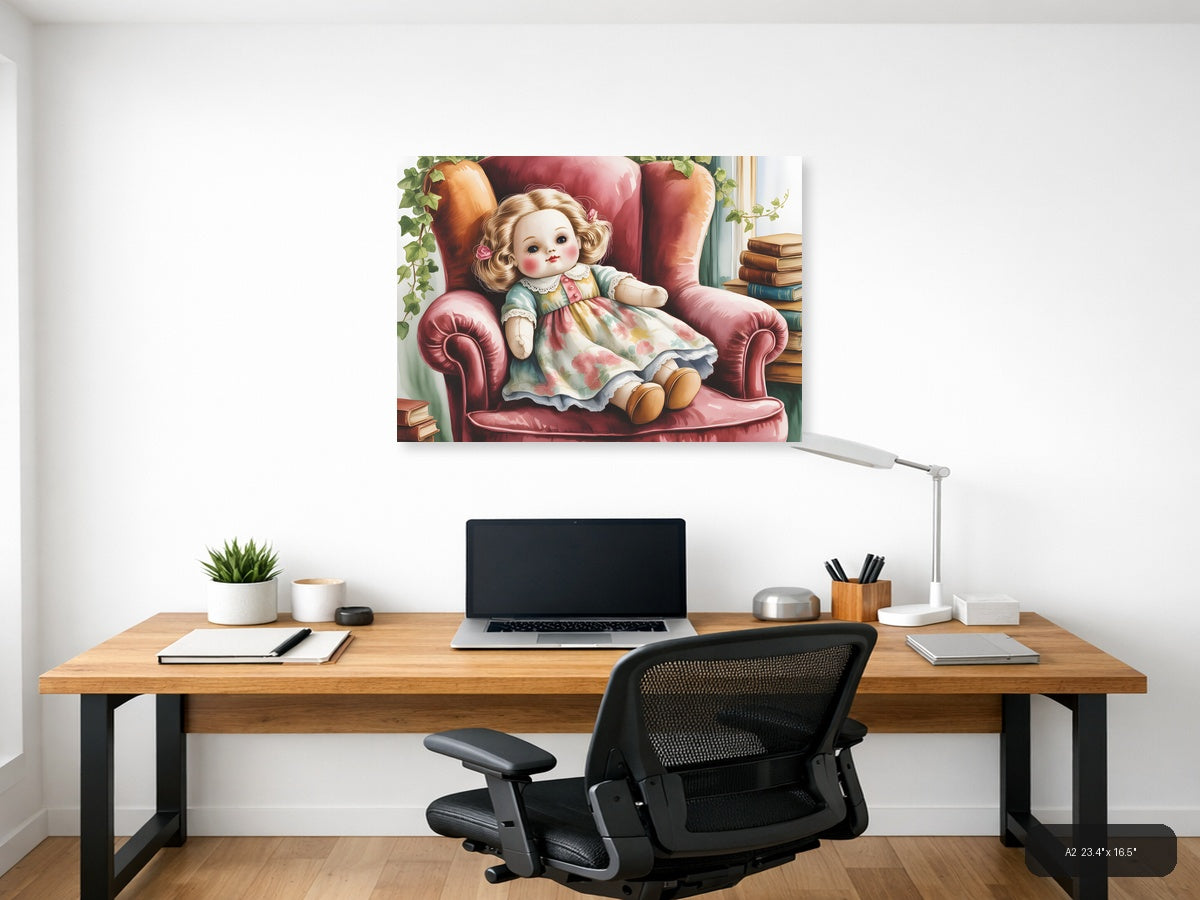 Vintage Doll in Pink Chair Watercolor Wall Art — A2 / Office