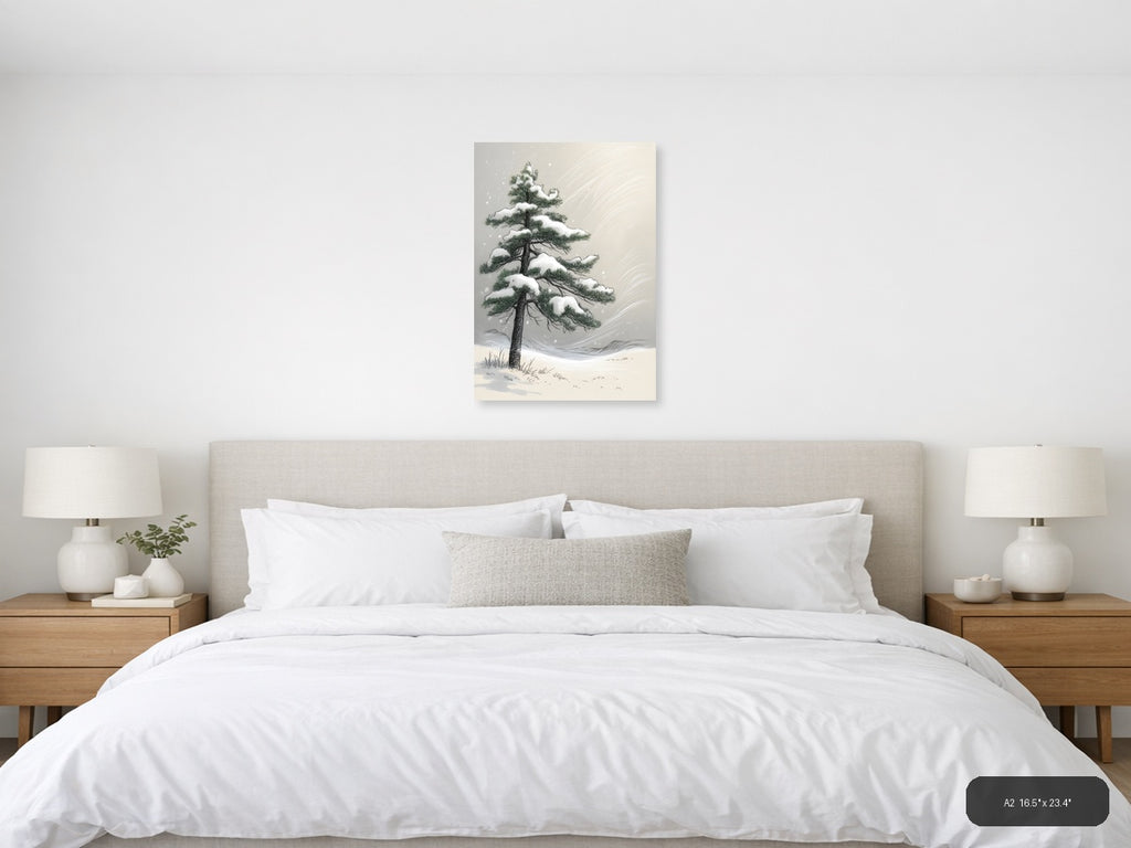 Snow-Covered Pine Tree Line Art Winter Wall Art — A2 / Bedroom