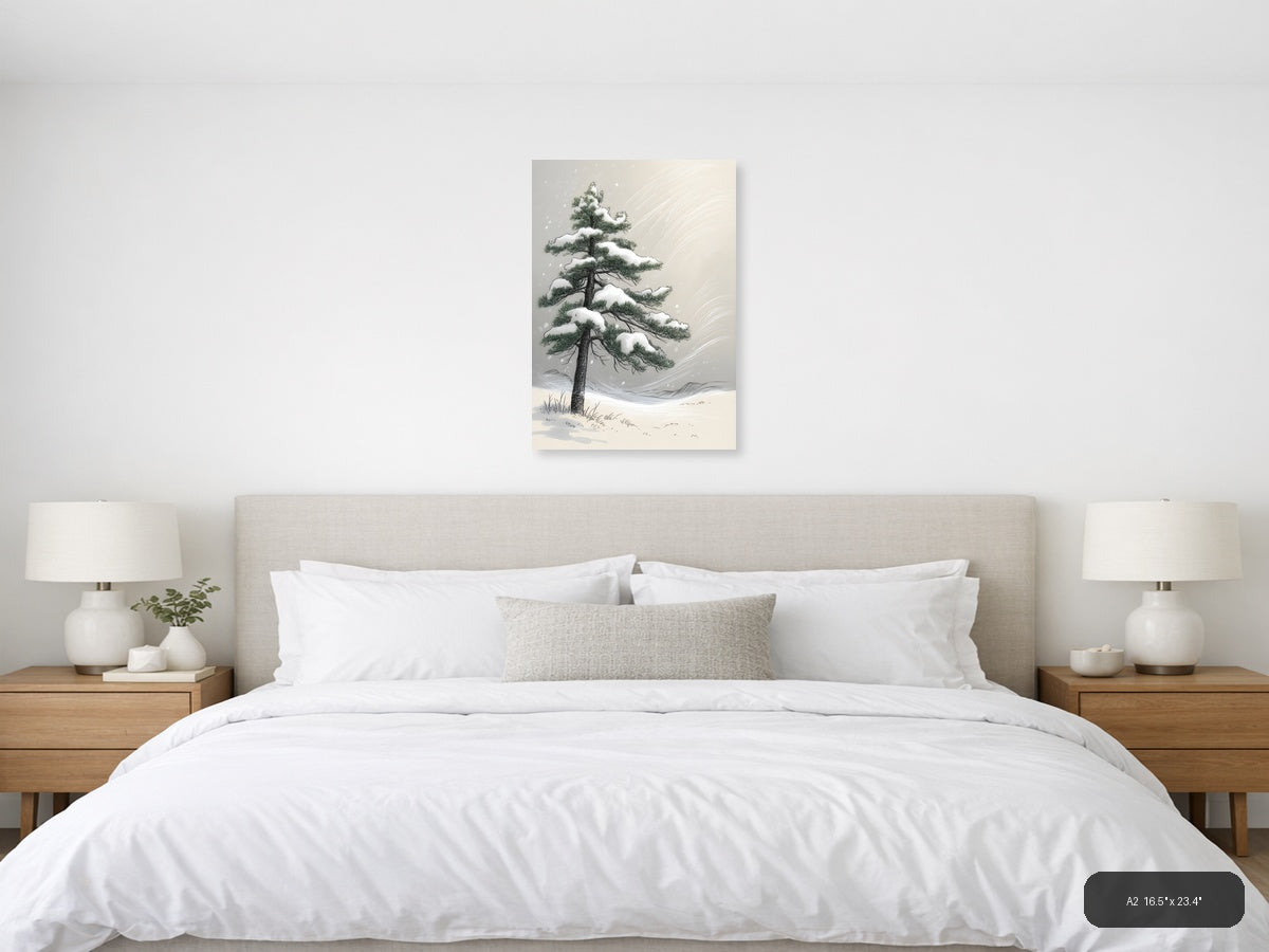 Snow-Covered Pine Tree Line Art Winter Wall Art — A2 / Bedroom
