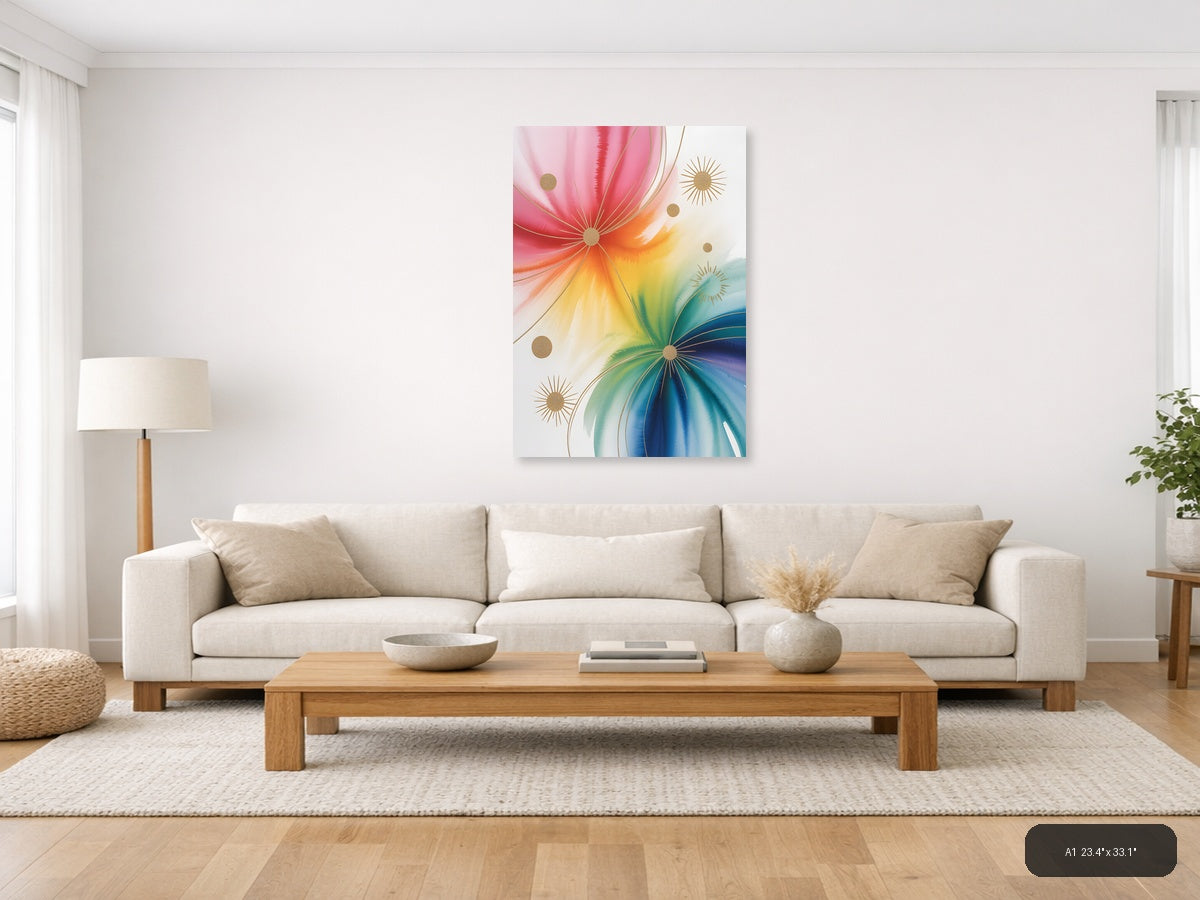 Rainbow Watercolor Sunburst with Gold Accents Wall Art — A1 / Living Room