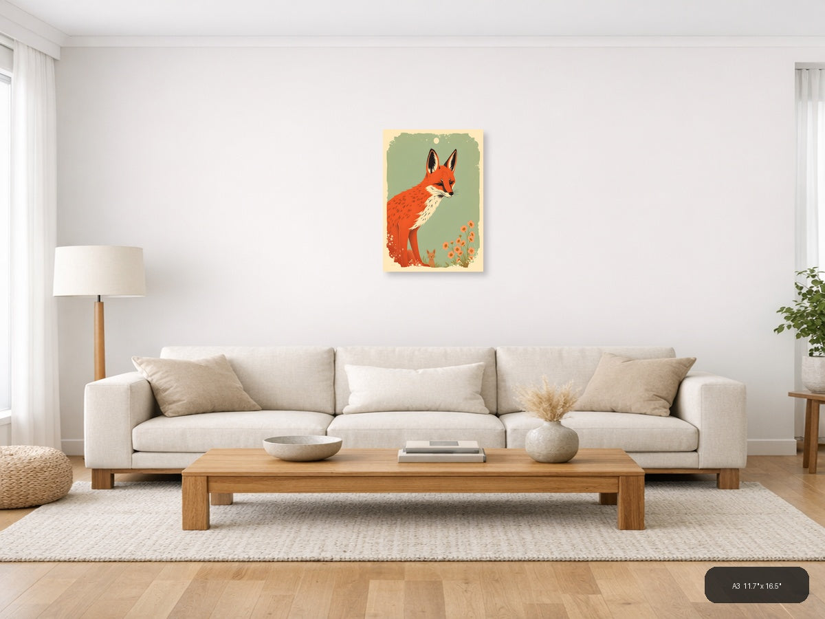 Vintage Red Fox with Kitten and Flowers Wall Art — A3 / Living Room