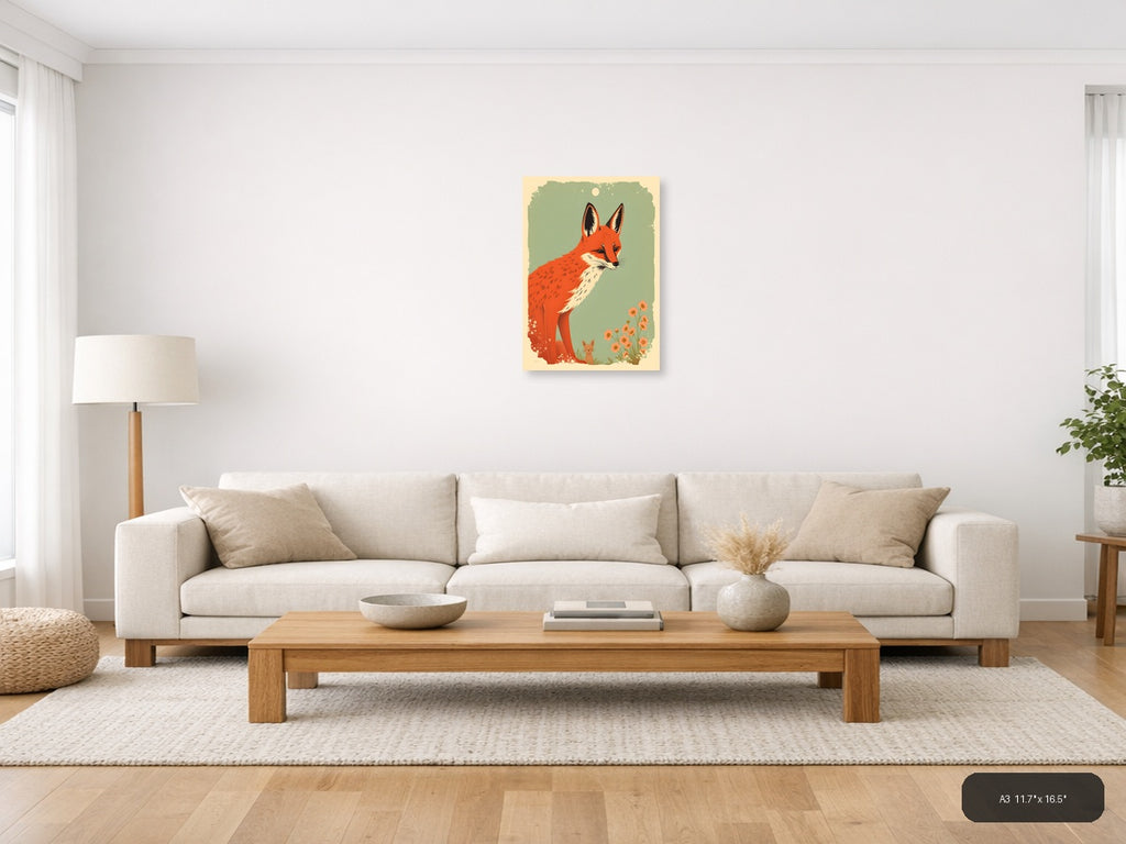 Red Fox and Cat Vintage Botanical Wall Art — A3 / Living Room