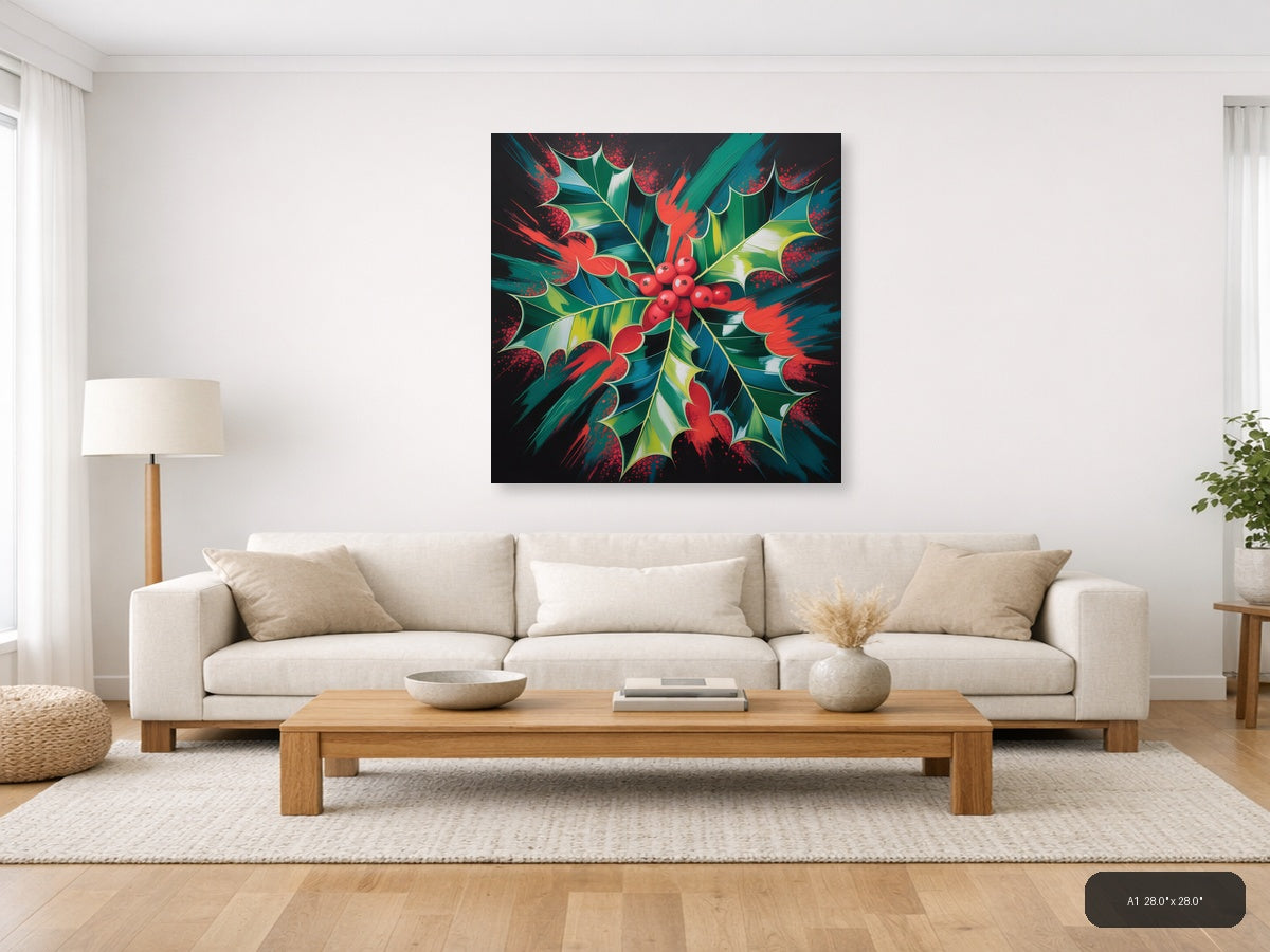 Abstract Holly Berry Red Green Festive Modern Wall Art — A1 / Living Room