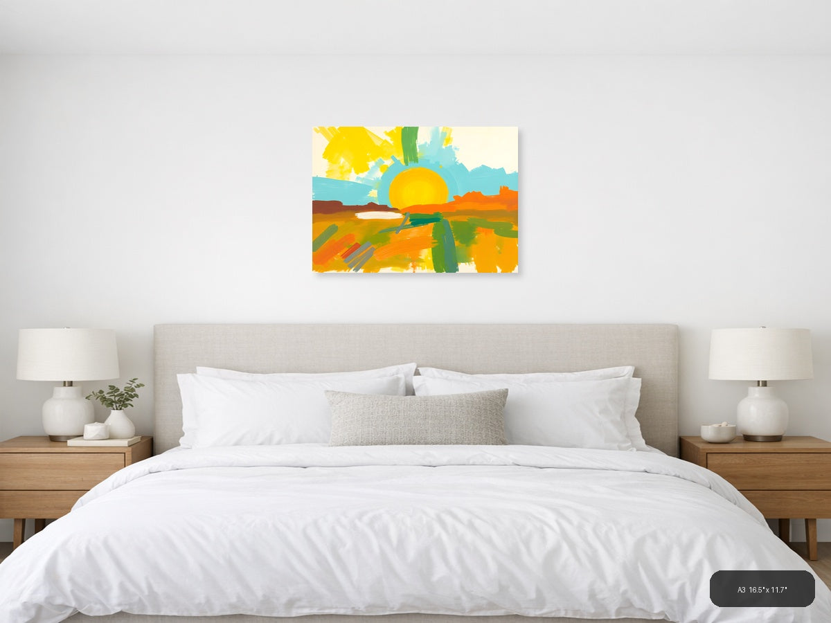 Abstract Sunset Landscape with Yellow Sun Wall Art — A3 / Bedroom