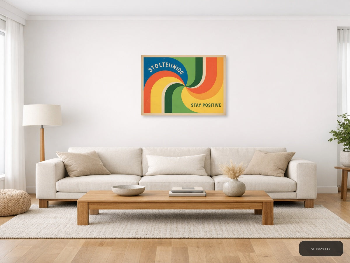 Vintage Retro Rainbow Curves 'Stay Positive' Wall Art — A3 / Living Room