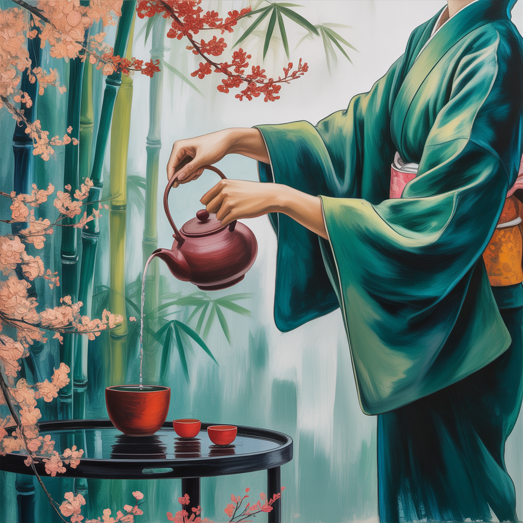 Asian Tea Ceremony Green Silk Wall Art