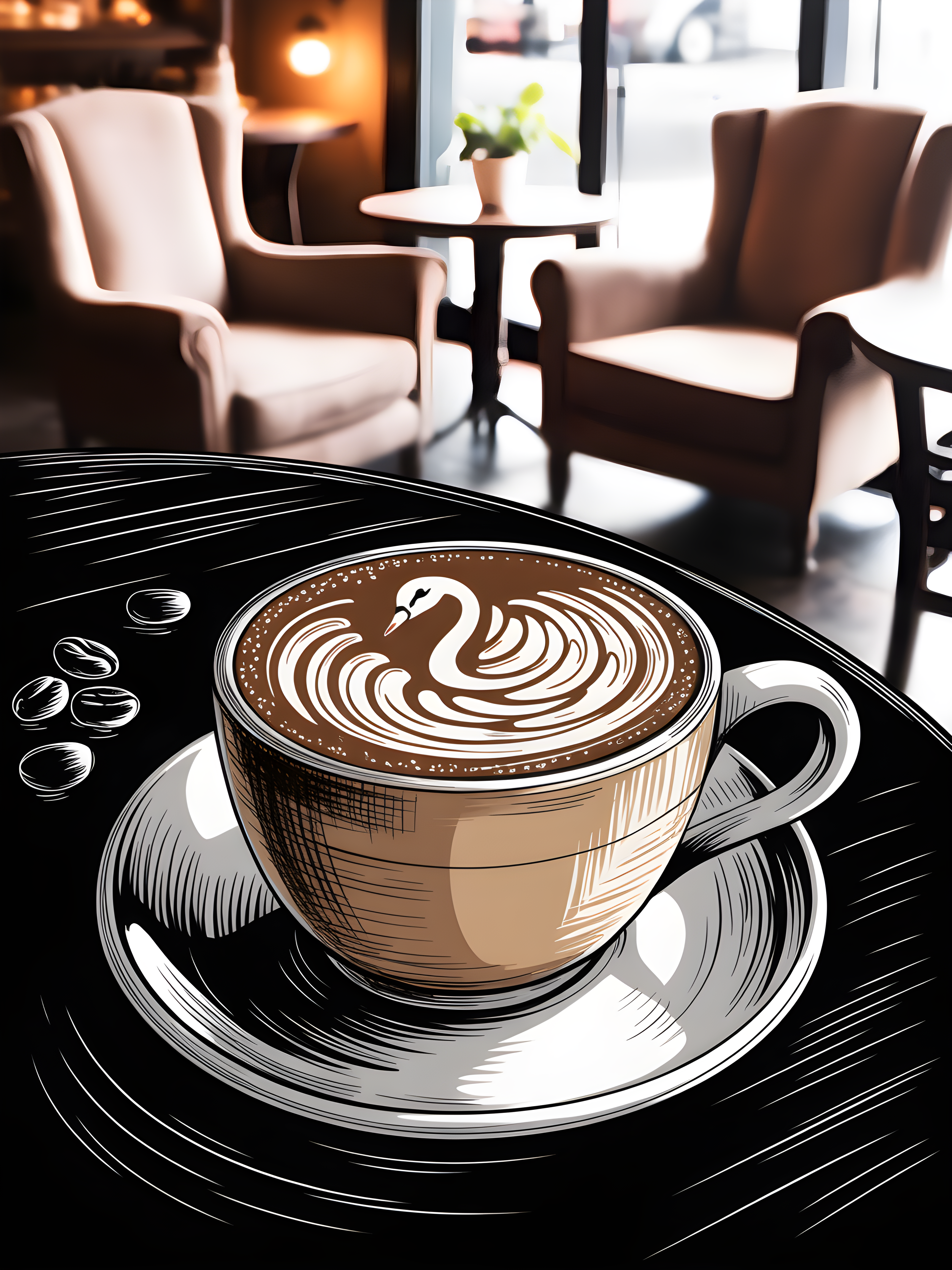 Coffee Shop Line Art - Latte with Latte Art Wall Art