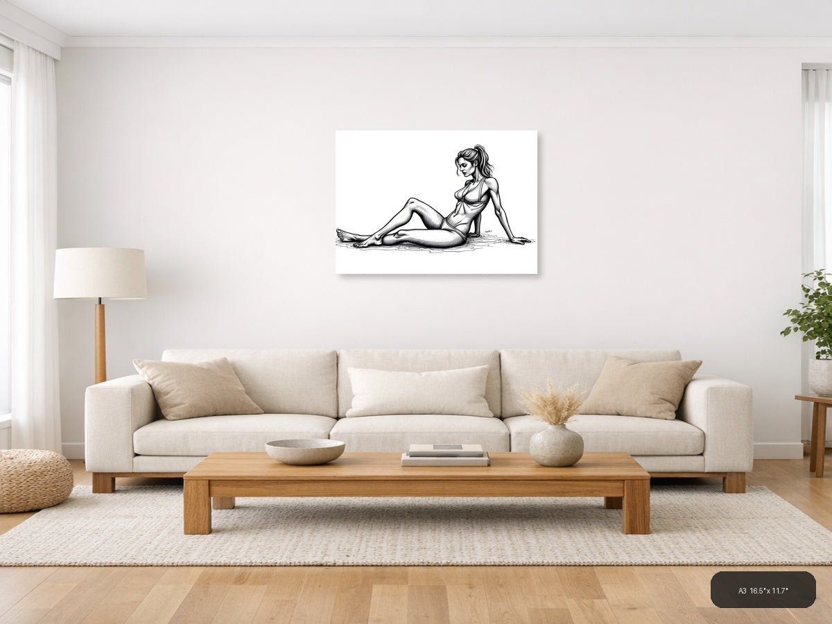Reclining Woman Line Art Portrait Wall Art — A3 / Living Room