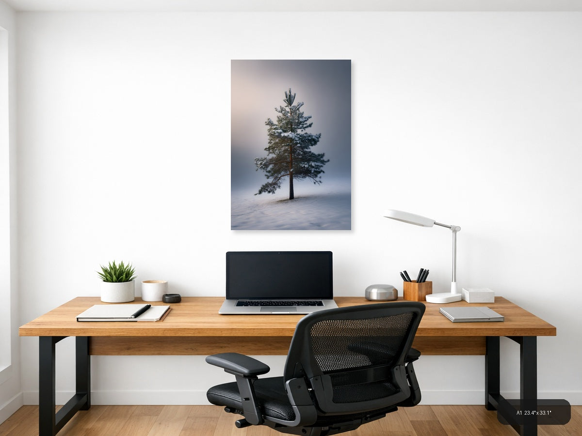 Solitary Pine Tree in Snow - Winter Photography Wall Art — A1 / Office