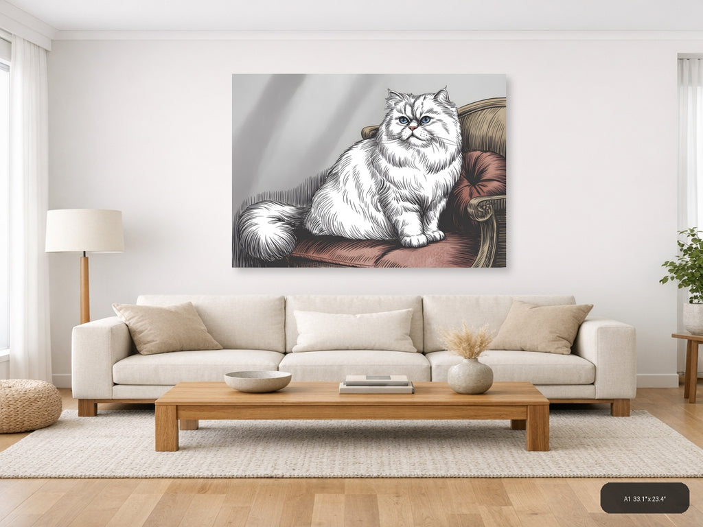 White Fluffy Cat with Blue Eyes Line Art Wall Art — A1 / Living Room